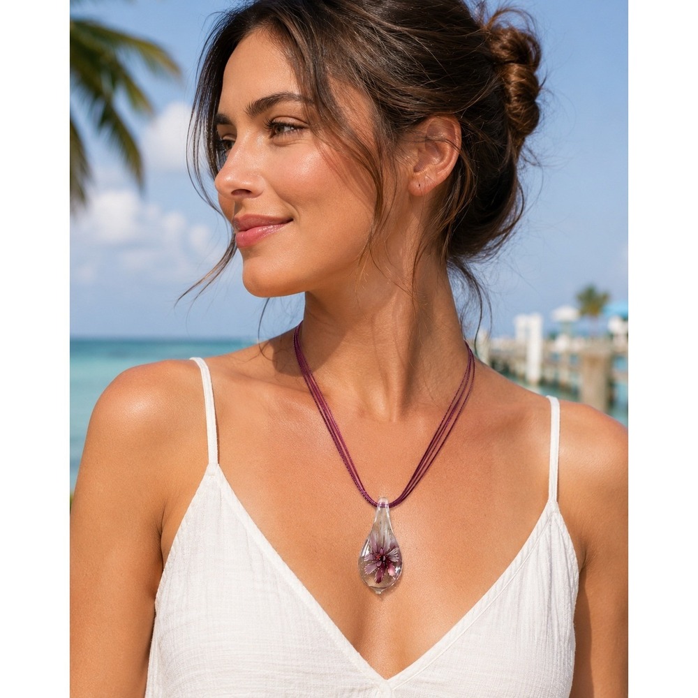 Unbranded Glass Pendant Necklace Women OS Purple Good Floral Teardrop Artisan - Picture 2 of 10